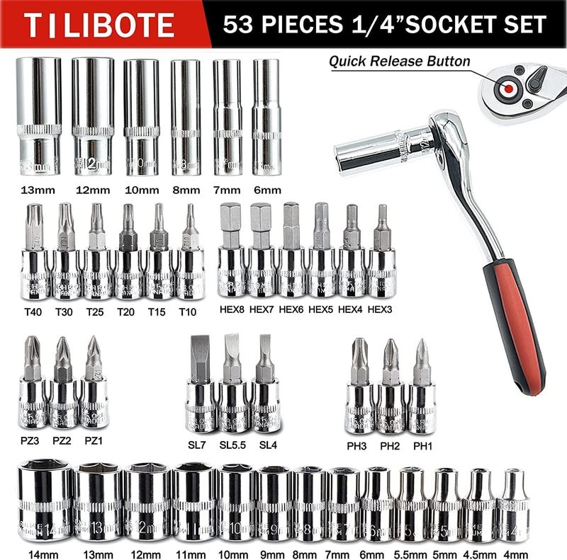 TILIBOTE مجموعة مفاتيح ربط، 53 قطعة 1/4 بوصة مجموعة مفاتيح ربط قابلة للتعديل وقضيب تمديد، مجموعة لإصلاح السيارات والاستخدام المنزلي. - Image 2